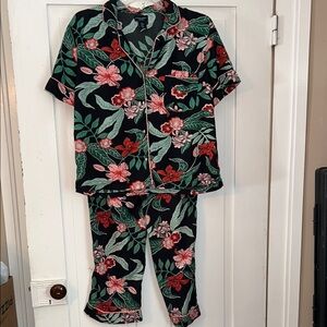 Cynthia Rowley Womens Floral Sleepwear M Green Pink Boxy Top Long Bottoms Fairy